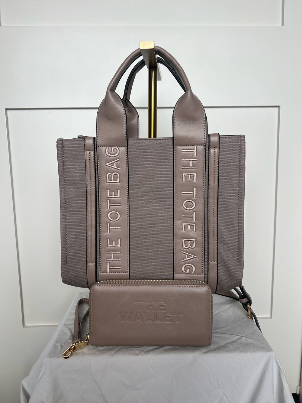 Taupe 'The Tote Bag' Canvas & Leather Tote with Matching Wallet